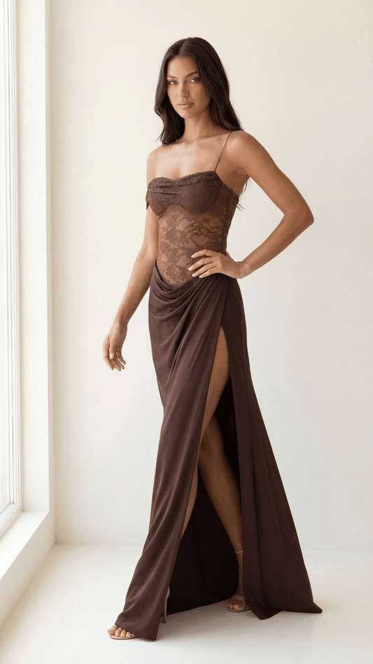 Seraphina | Lace & Satin Draped Maxi Dress - Avorelia