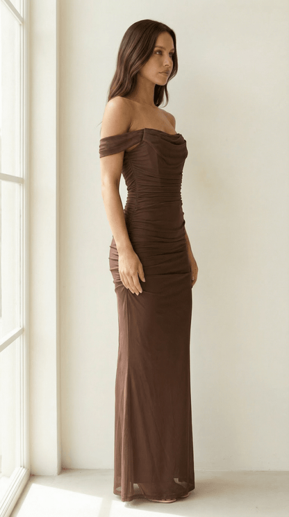 Ruched Off - Shoulder Maxi Dress - Avorelia