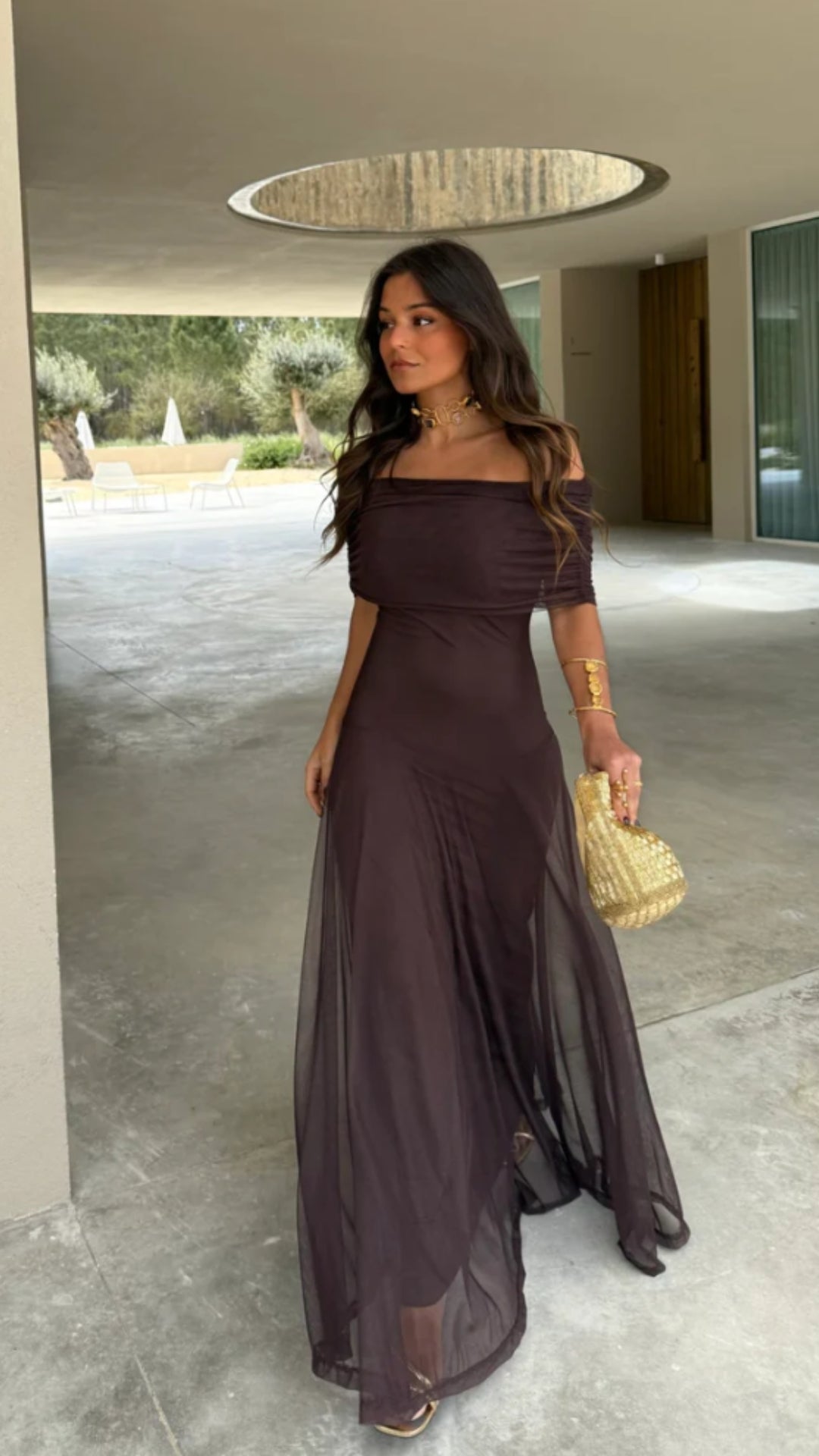 Sienna Off - Shoulder Mesh Maxi Dress - Avorelia