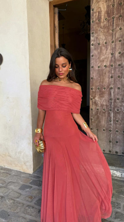 Sienna Off - Shoulder Mesh Maxi Dress - Avorelia