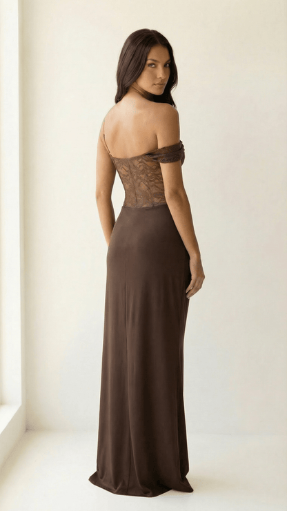 Seraphina | Lace & Satin Draped Maxi Dress - Avorelia
