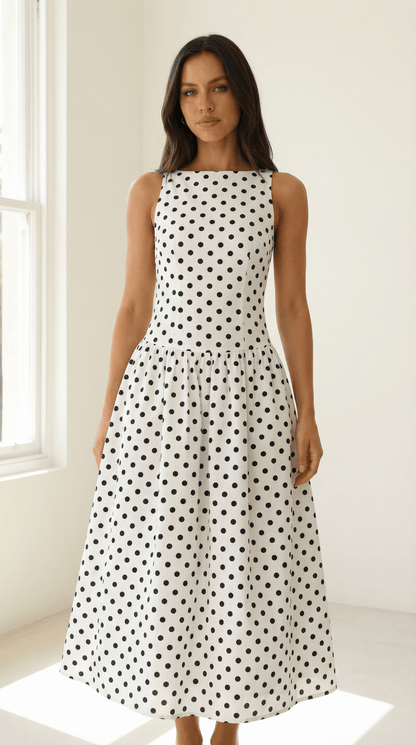 Monroe — Polka Dot Halter Midi Dress - Avorelia