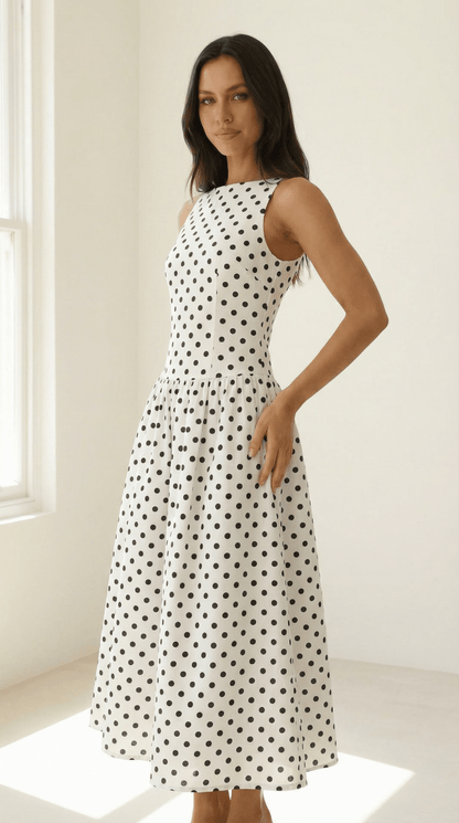 Monroe — Polka Dot Halter Midi Dress - Avorelia