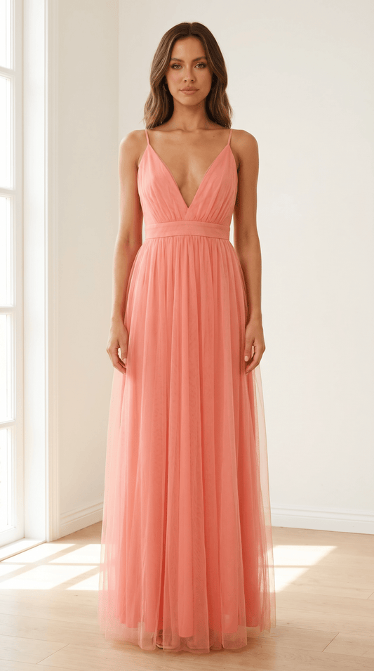 Aurelia Coral Backless Maxi Dress - Avorelia