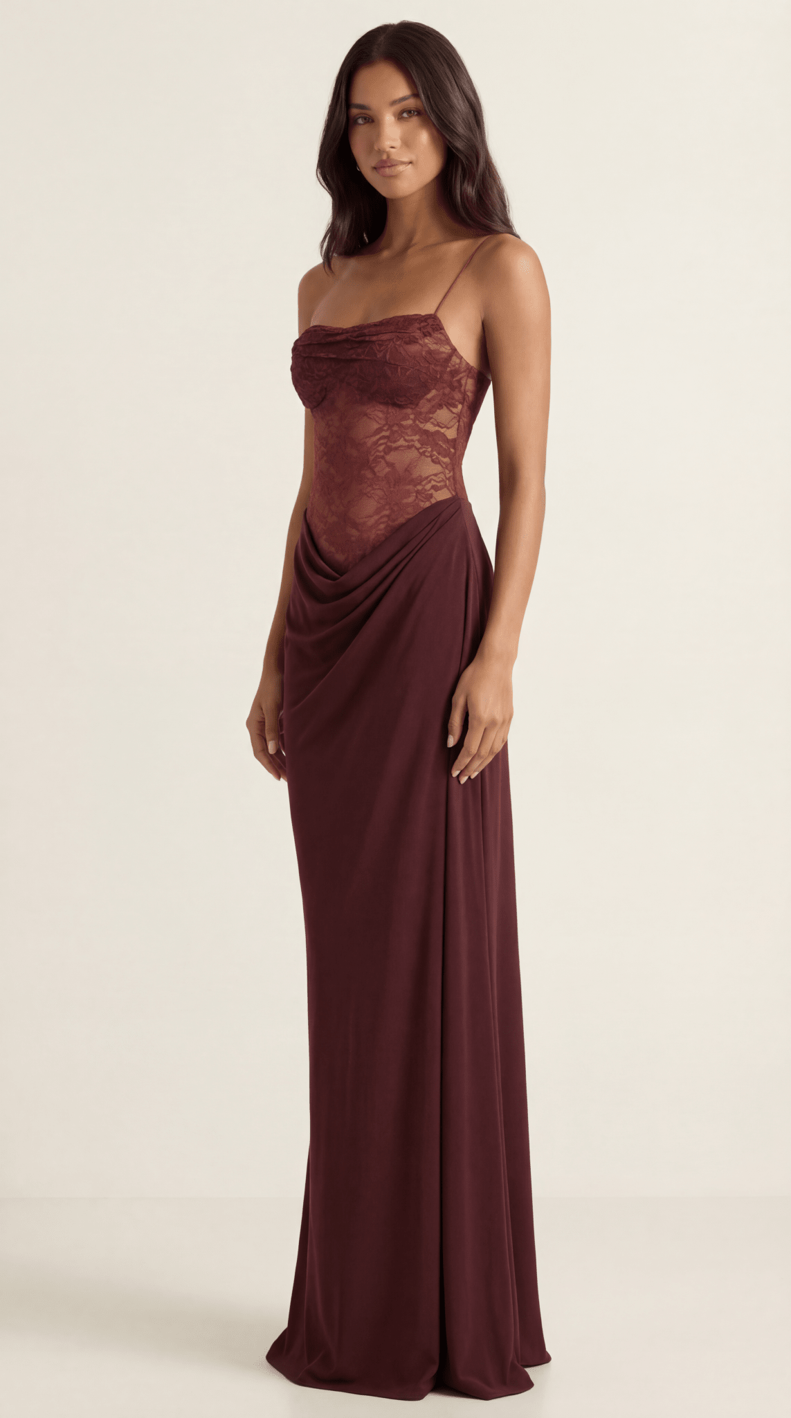 Seraphina | Lace & Satin Draped Maxi Dress - Avorelia
