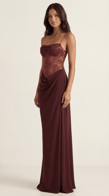 Seraphina | Lace & Satin Draped Maxi Dress - Avorelia