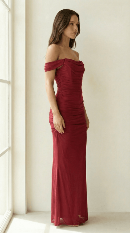 Ruched Off - Shoulder Maxi Dress - Avorelia