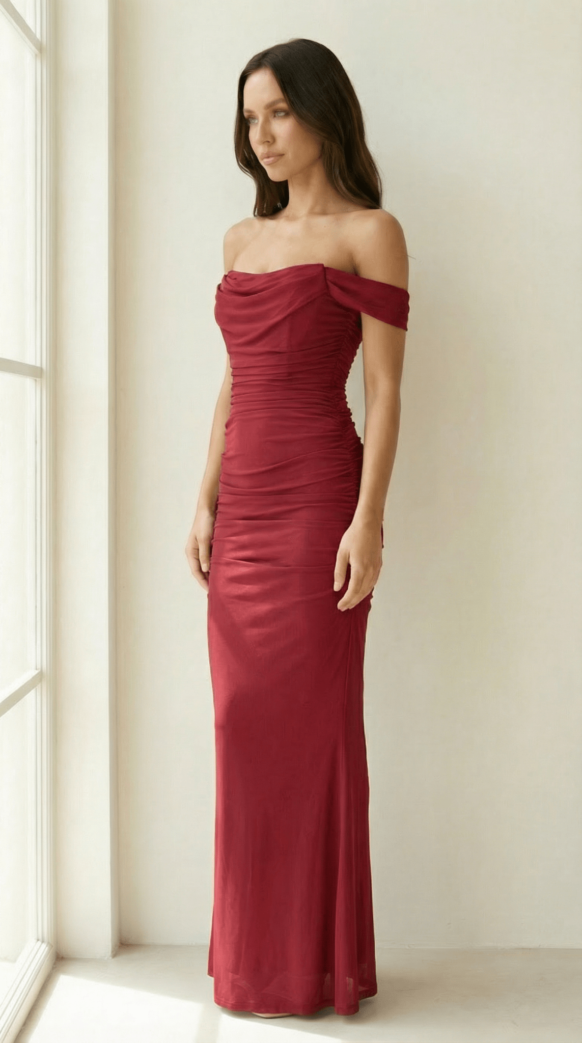 Ruched Off - Shoulder Maxi Dress - Avorelia