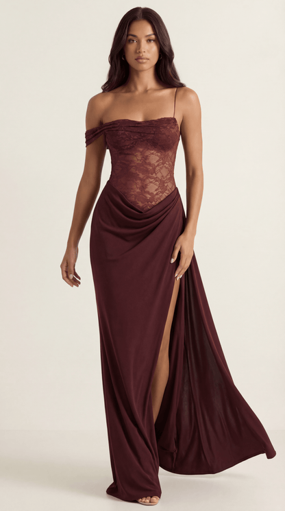Seraphina | Lace & Satin Draped Maxi Dress - Avorelia